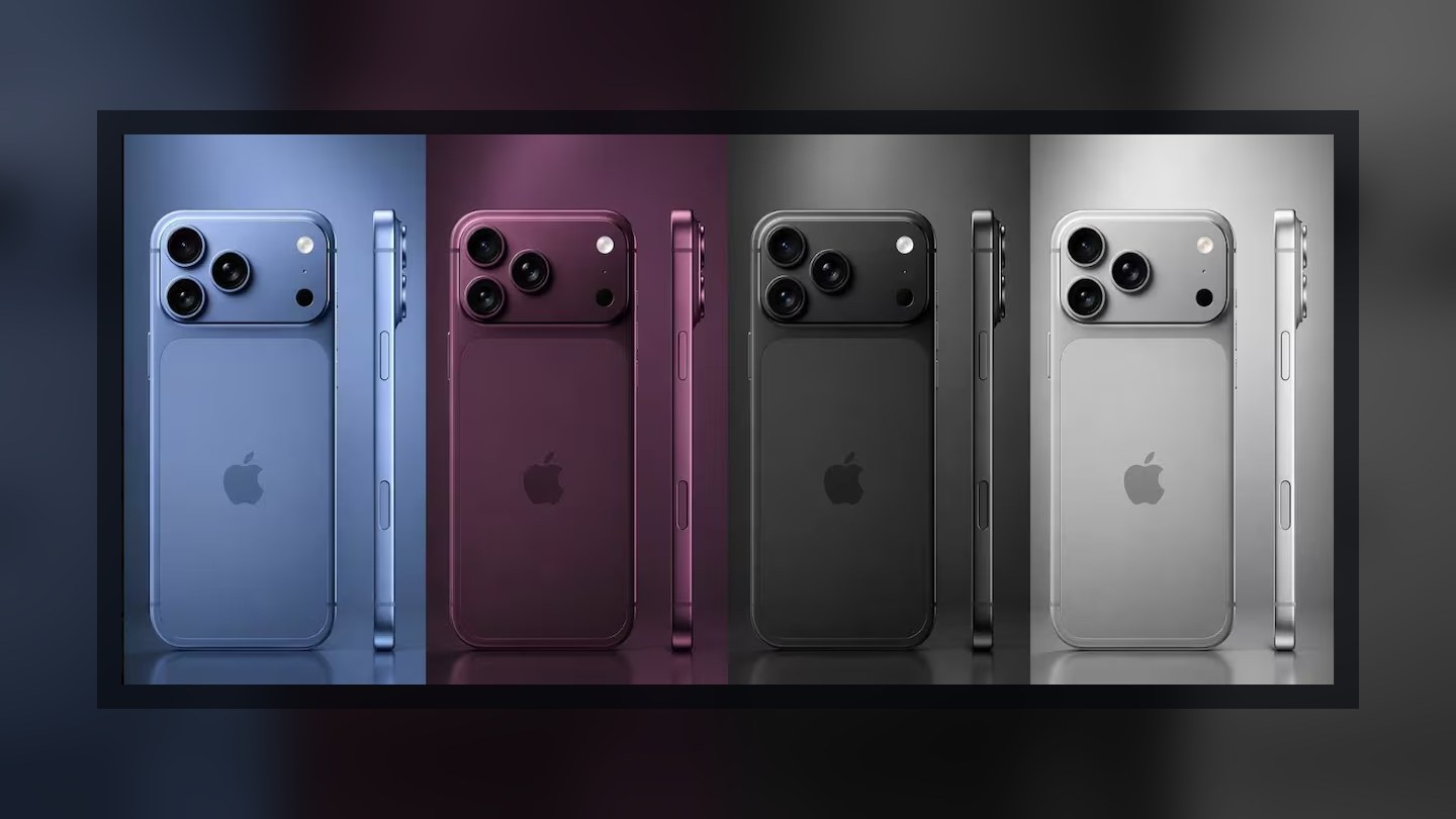 Concept composition of four possible future iPhone 18 models in blue, burgundy, black and silver