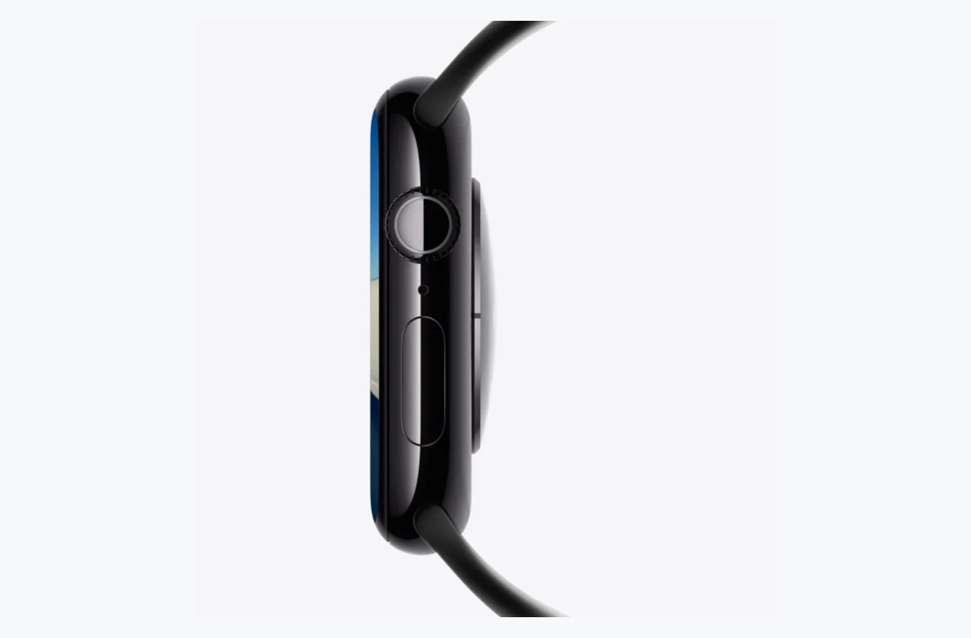 Vista lateral conceptual de un reloj Apple con corona digital y botón lateral