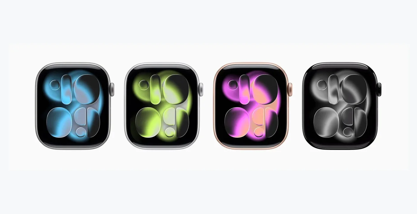 Fila conceptual de cuatro acabados de Apple Watch en azul, verde, violeta y negro