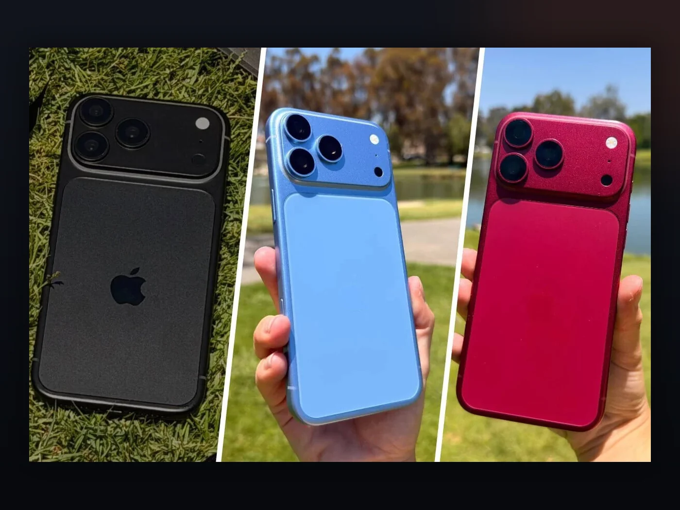 Three concept units attributed to possible iPhone 18 Pro designs in black, blue and red