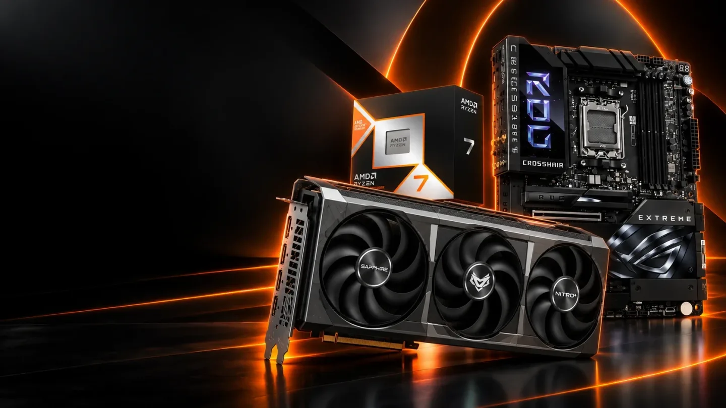 Tarjeta gráfica Sapphire Nitro+, procesador AMD Ryzen 7 y tarjeta madre ASUS ROG Crosshair con luz naranja