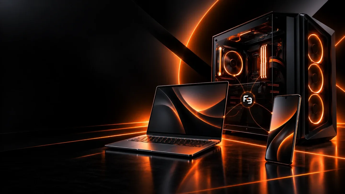 PC gamer, portátil y smartphone iluminados con el naranja de FASE NUEVE