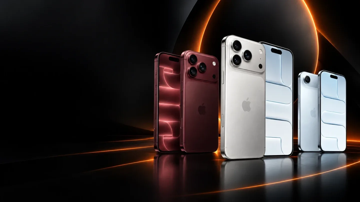 Familia iPhone en tres acabados sobre una superficie reflectante con luz naranja